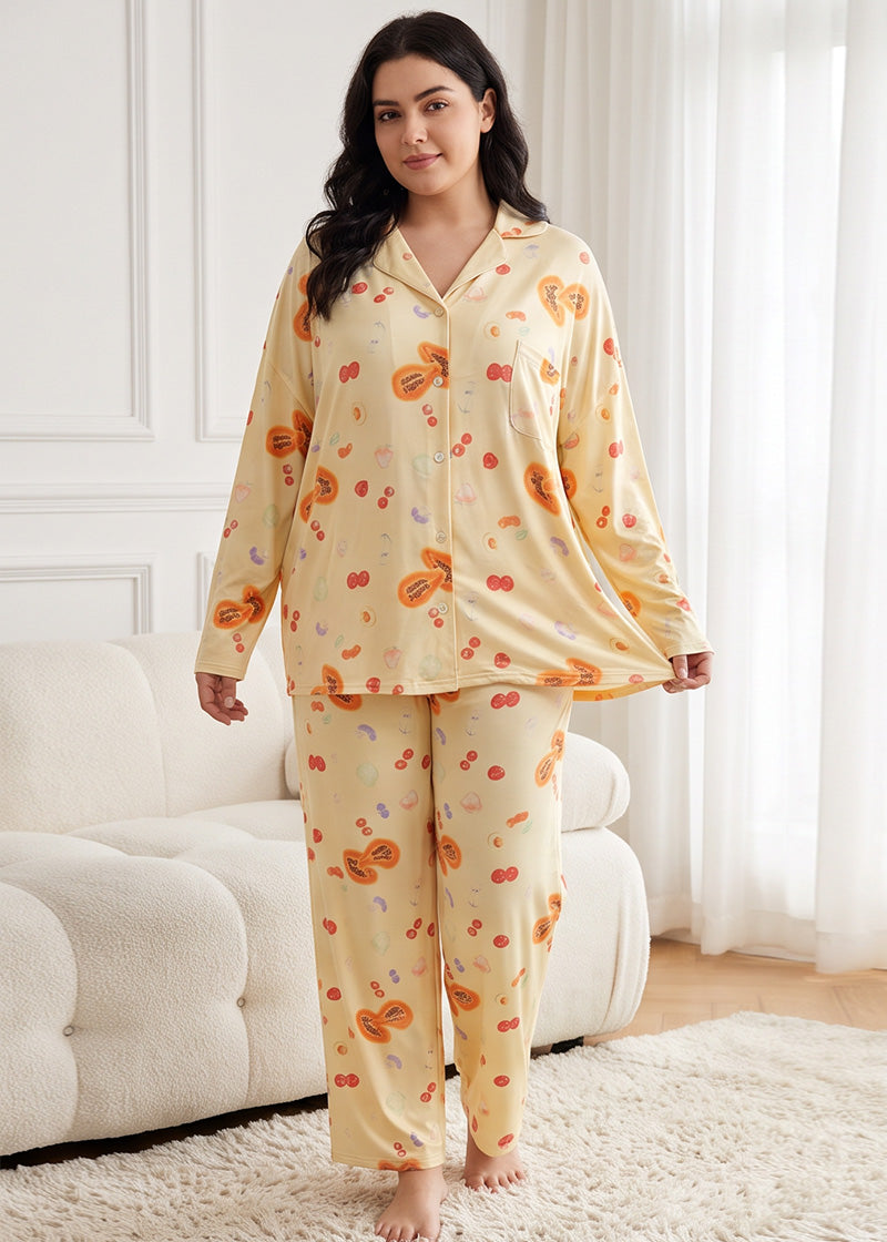 Cotton Floral & Fruit Print Long Sleeve Pajama Set -Tops & Pants