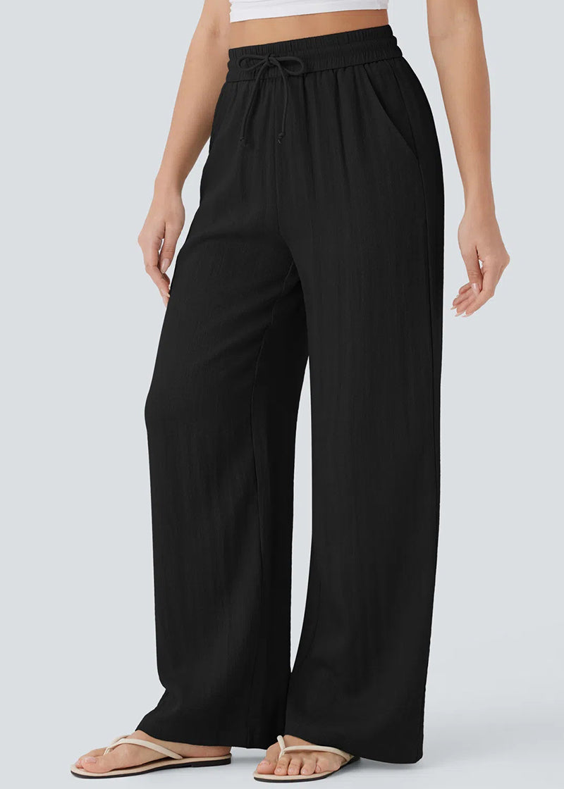 High-Waisted Linen-Feel Wide Leg Pants with Drawstring & Pockets