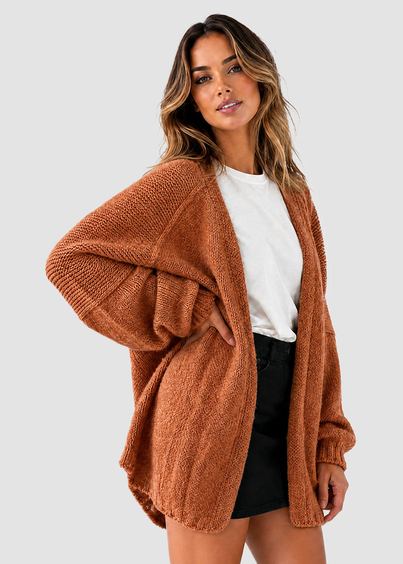 Oversized Open-Front Lantern Sleeve Knit Cardigan