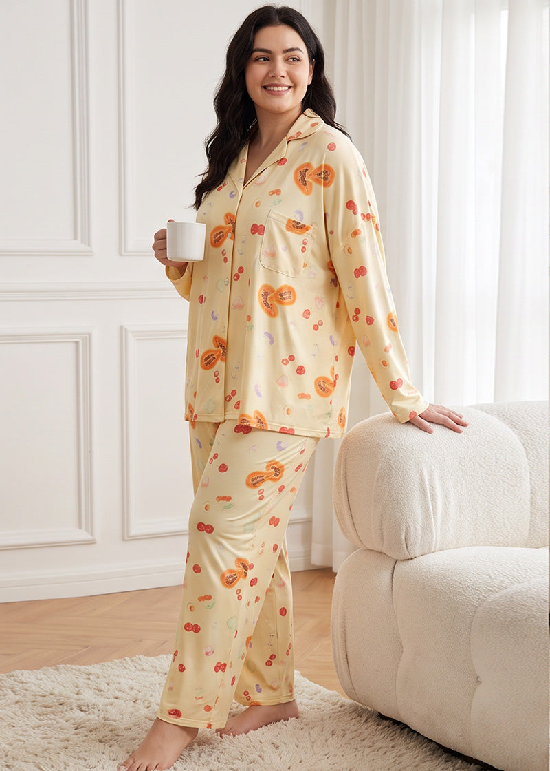 Cotton Floral & Fruit Print Long Sleeve Pajama Set -Tops & Pants