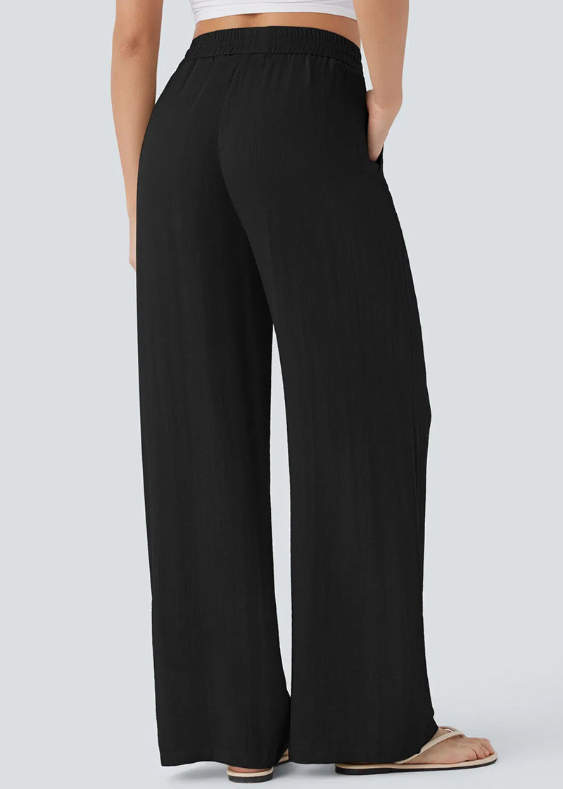 High-Waisted Linen-Feel Wide Leg Pants with Drawstring & Pockets