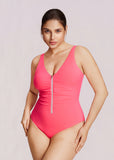 Zip-Front Ruched Wide Strap Shaping Swimsuit