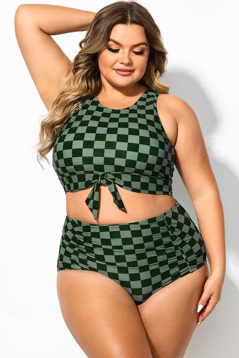 LilyLove®Plus Size Green Check Knotted Crop Bikini Top