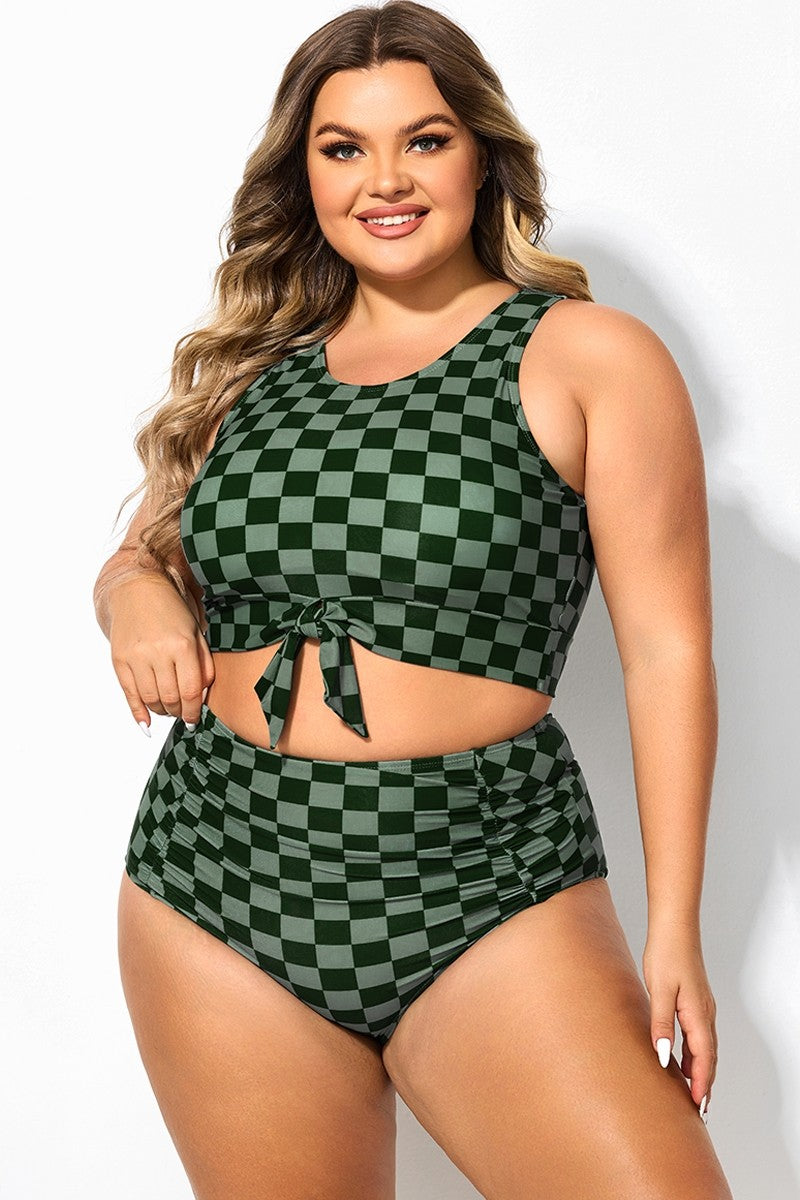 LilyLove®Plus Size Green Check Knotted Crop Bikini Top