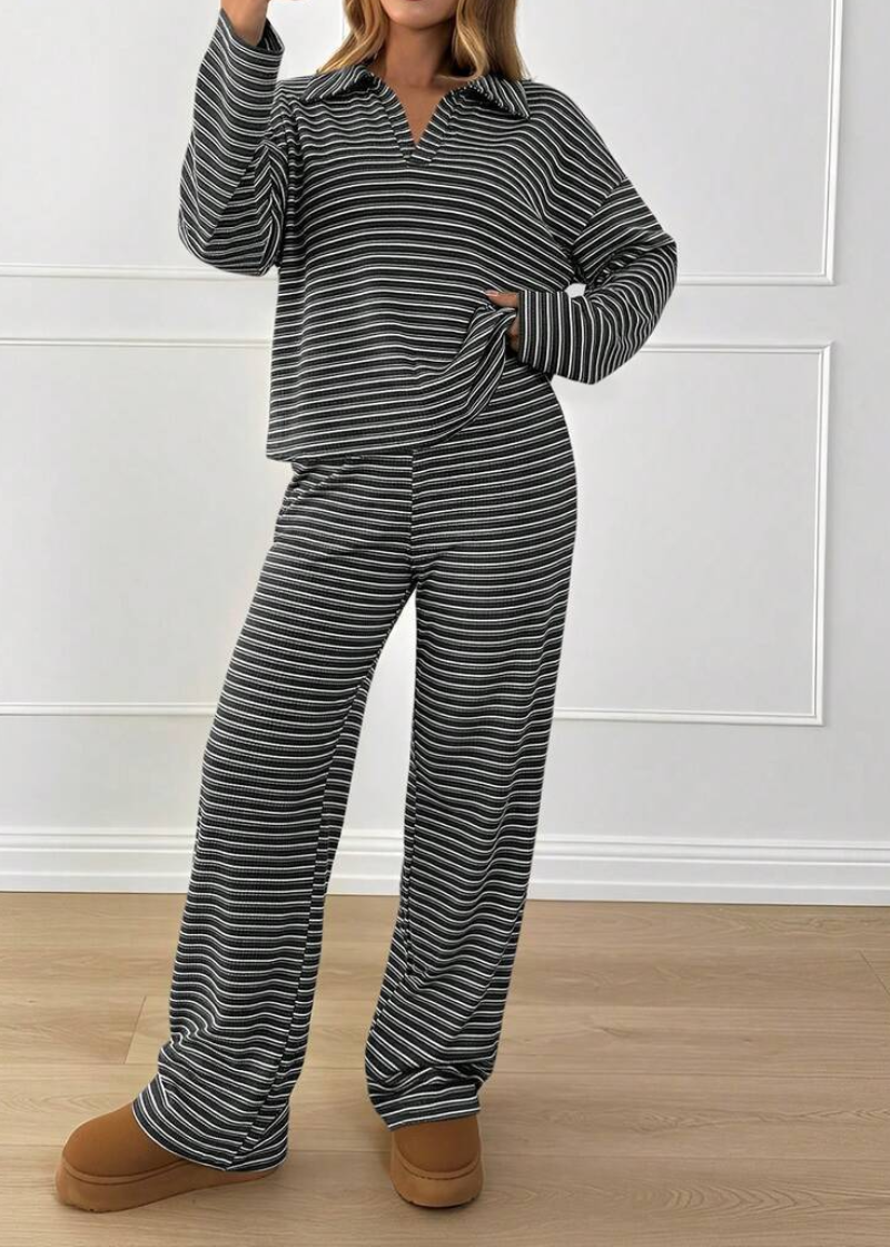 Women’s Striped V-Neck Top & Pants 2-Piece Set
