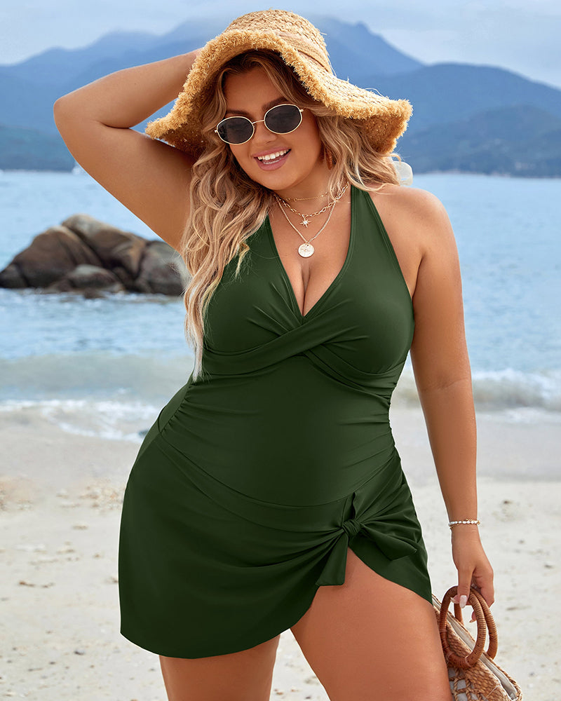 Plus Size Tummy Control Knot Detailed Swimdress