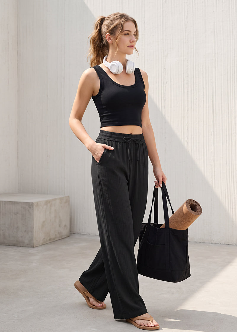 High-Waisted Linen-Feel Wide Leg Pants with Drawstring & Pockets