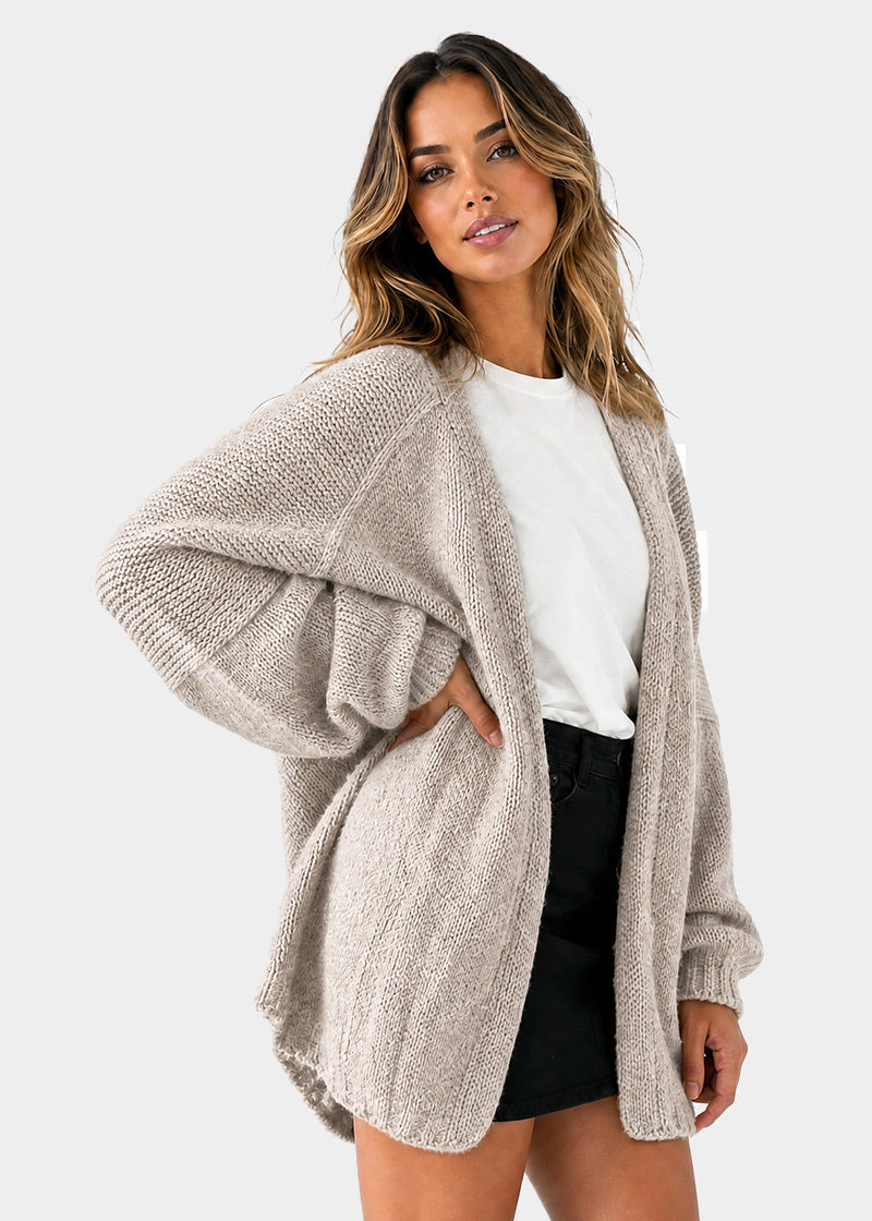 Oversized Open-Front Lantern Sleeve Knit Cardigan