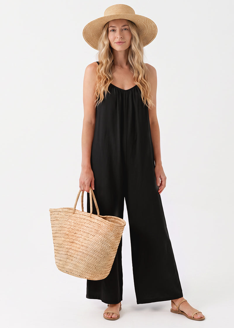 Women's Backless Spaghetti Strap Wide Leg Jumpsuit with Tie Back & Pockets