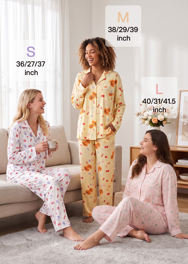 Cotton Floral & Fruit Print Long Sleeve Pajama Set -Tops & Pants