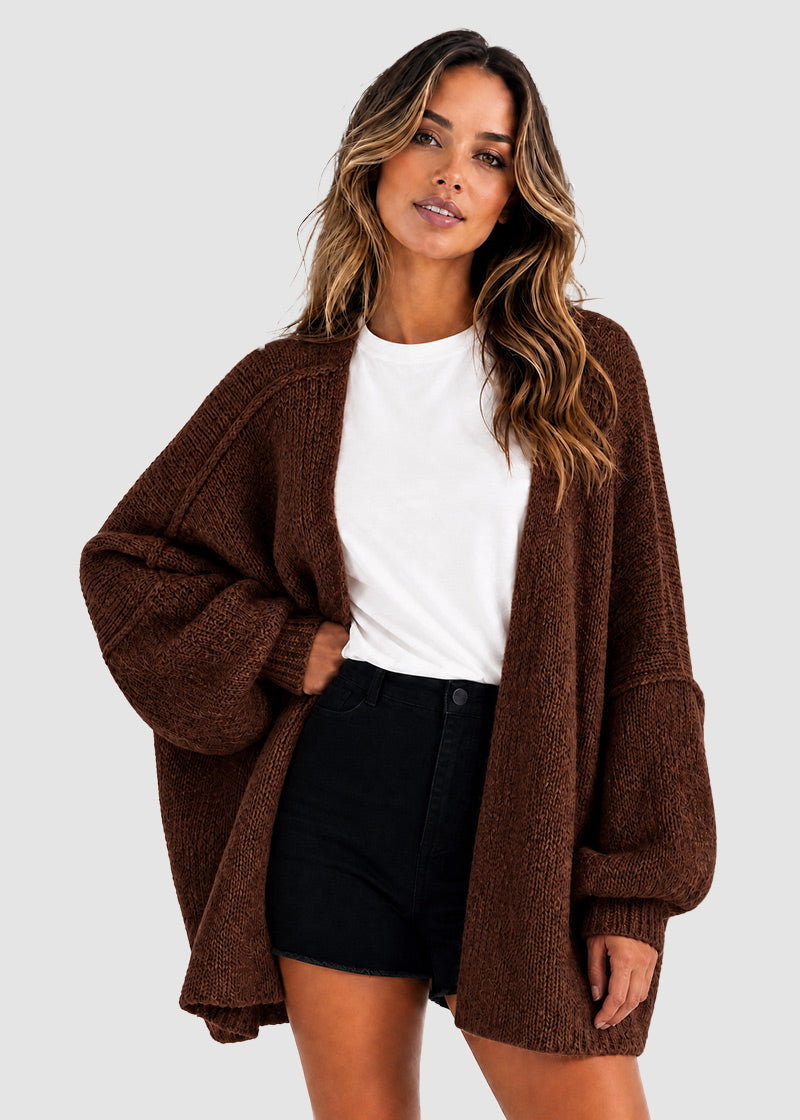 Oversized Open-Front Lantern Sleeve Knit Cardigan