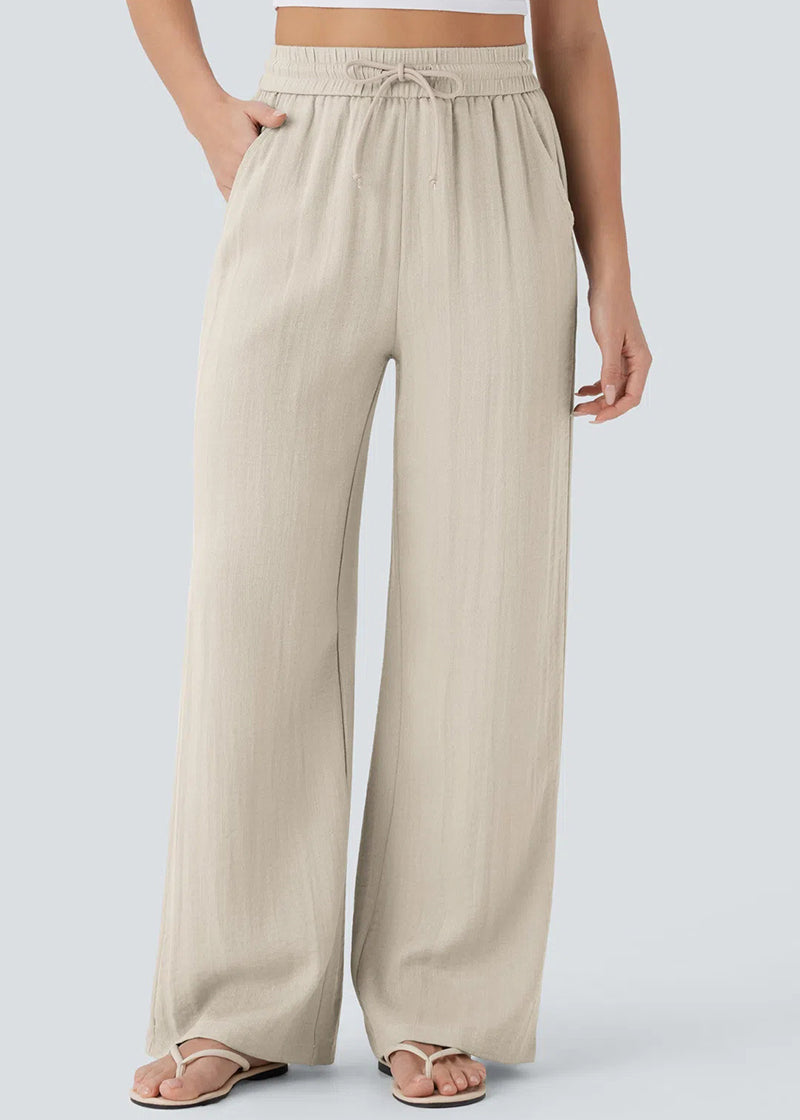 High-Waisted Linen-Feel Wide Leg Pants with Drawstring & Pockets