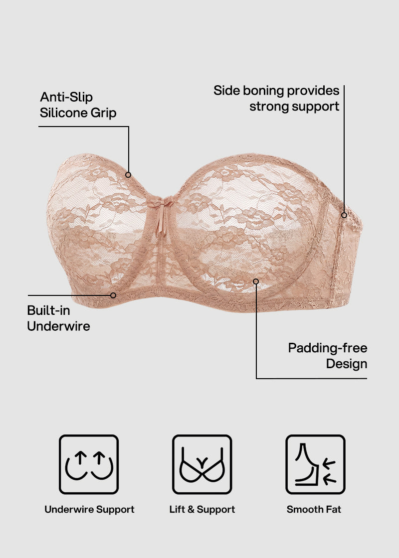 Stay-Put Strapless Lace Push Up Bra