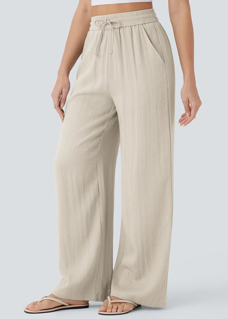High-Waisted Linen-Feel Wide Leg Pants with Drawstring & Pockets