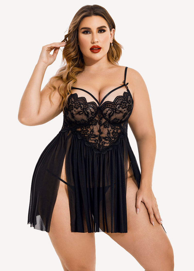 Plus Size Sexy Mesh Babydoll with Side Slit