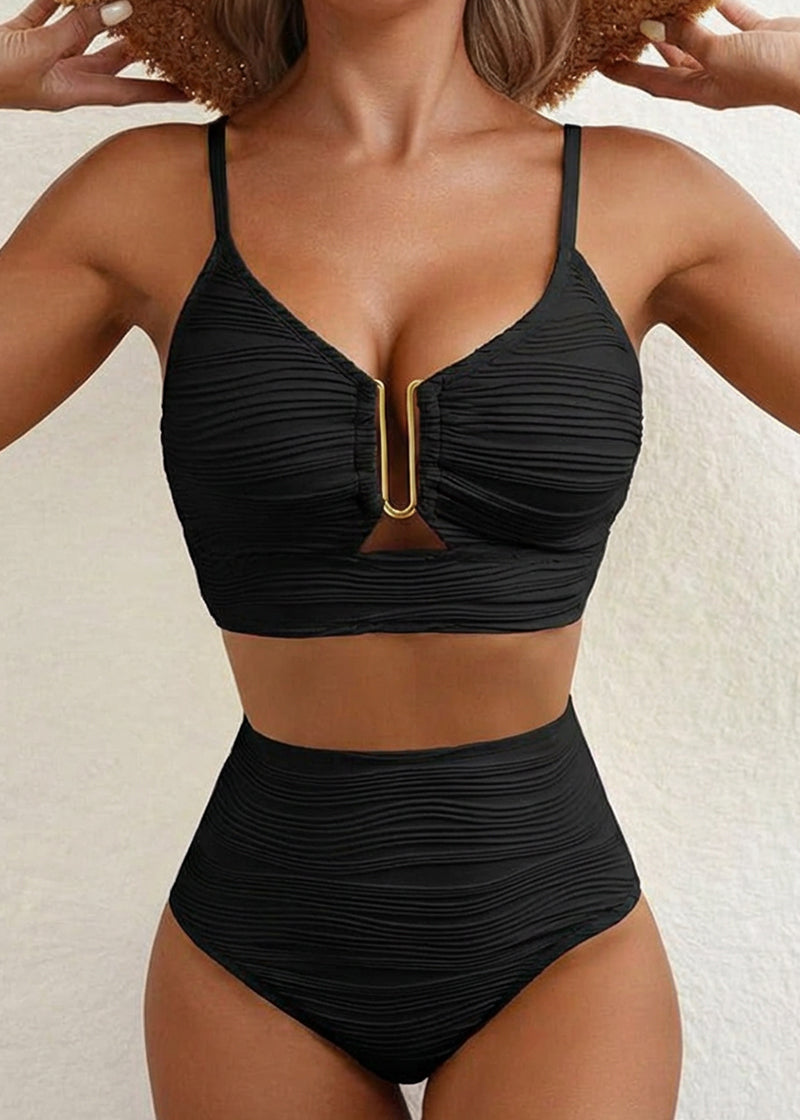 Textured U-Wire Cutout High Waisted Bikini Set