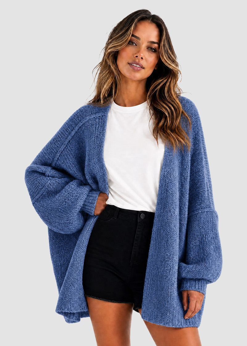 Oversized Open-Front Lantern Sleeve Knit Cardigan