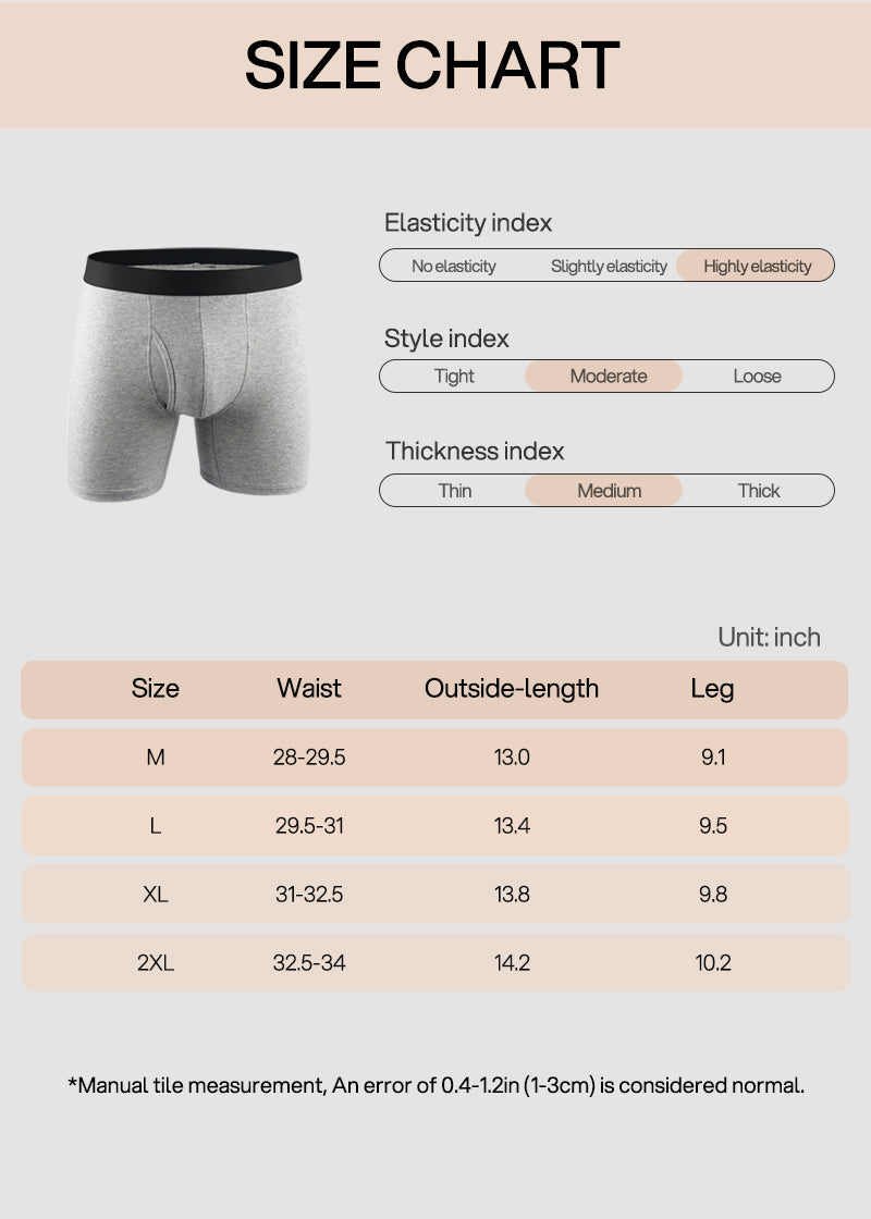 Men's Cotton Long Leg Boxer Briefs with Fly - 5 Pack