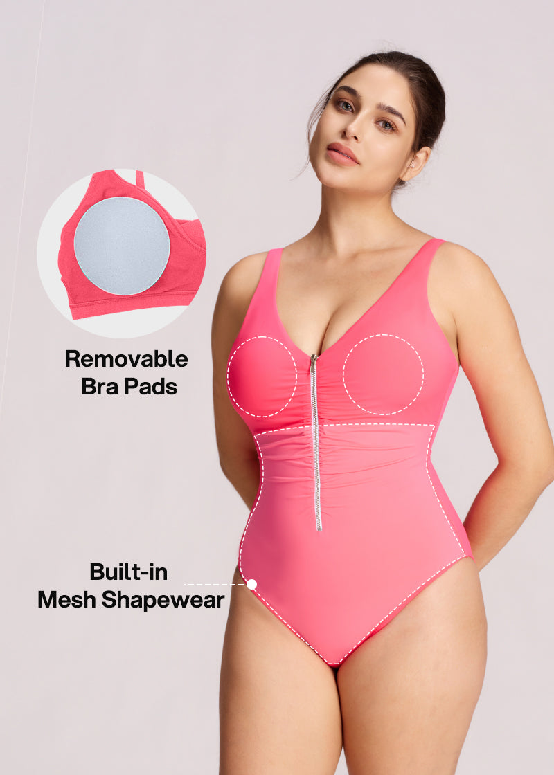 Zip-Front Ruched Wide Strap Shaping Swimsuit