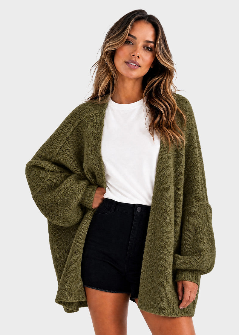 Oversized Open-Front Lantern Sleeve Knit Cardigan