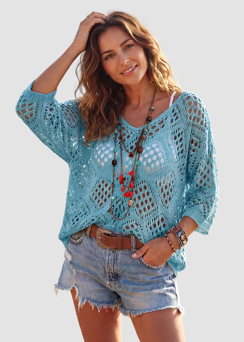 Casual Knit Hollow-Out 3/4 Batwing Sleeve Lightweight Summer Sweater