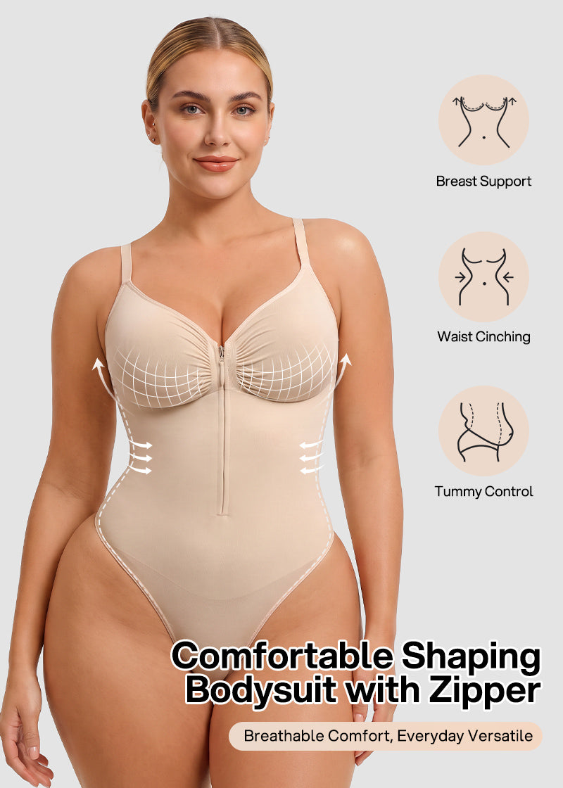 Zip-Front Tummy Control Shapewear Bodysuit