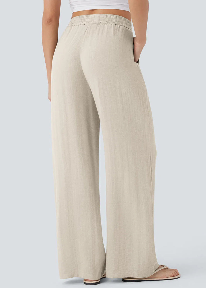 High-Waisted Linen-Feel Wide Leg Pants with Drawstring & Pockets