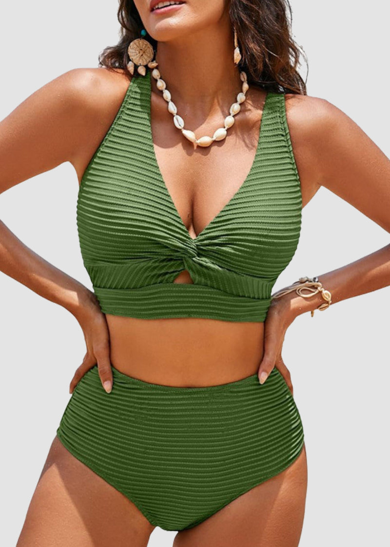 Textured Knot-Front High-Waisted Bikini Set