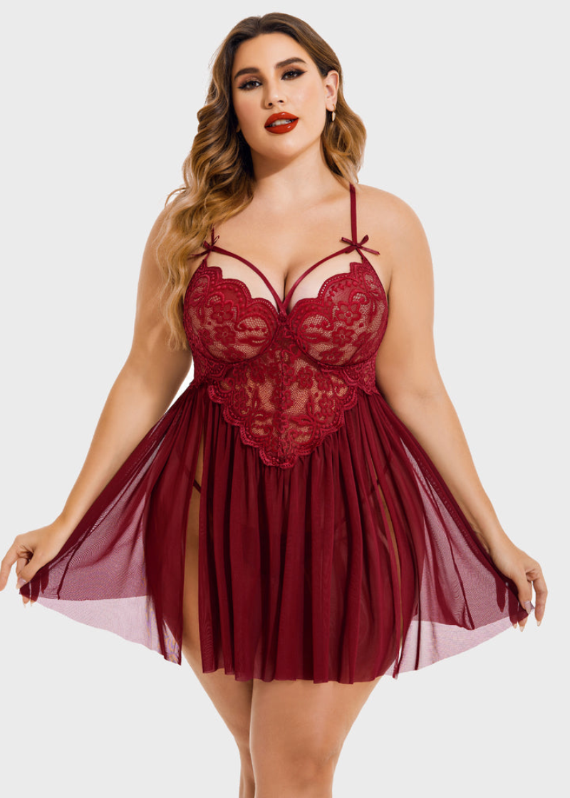 Plus Size Sexy Mesh Babydoll with Side Slit