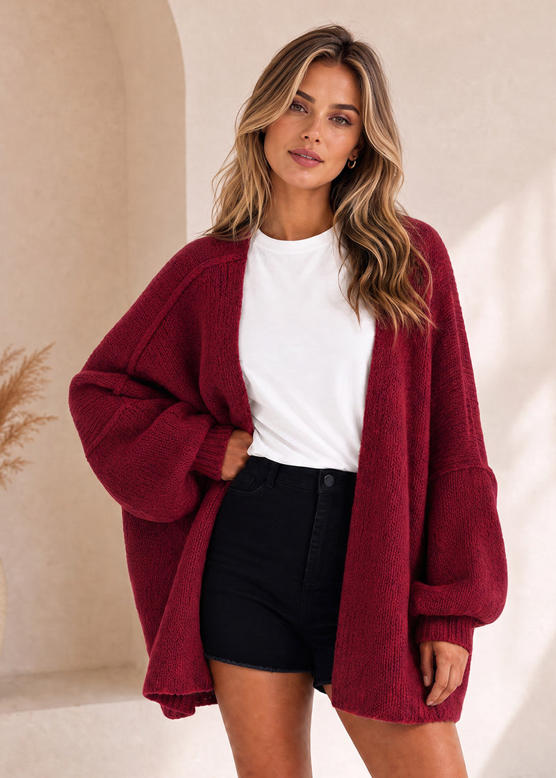 Oversized Open-Front Lantern Sleeve Knit Cardigan