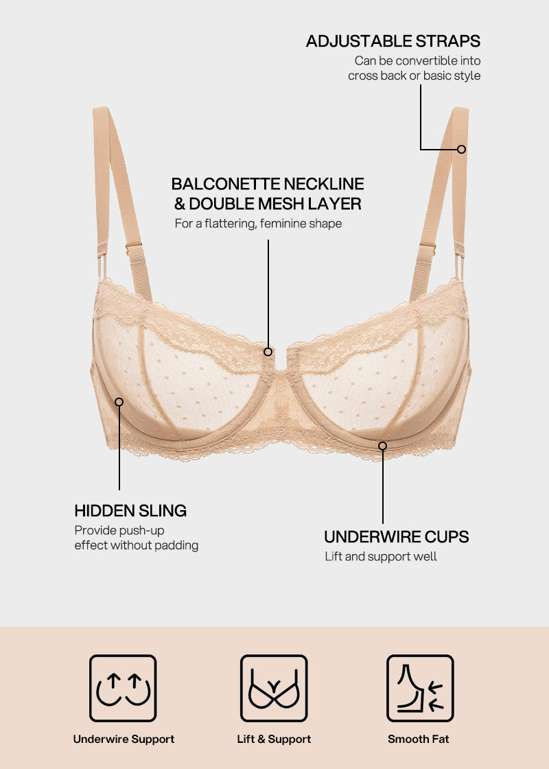 Lace Underwire Unlined Sheer Demi Balconette Bra