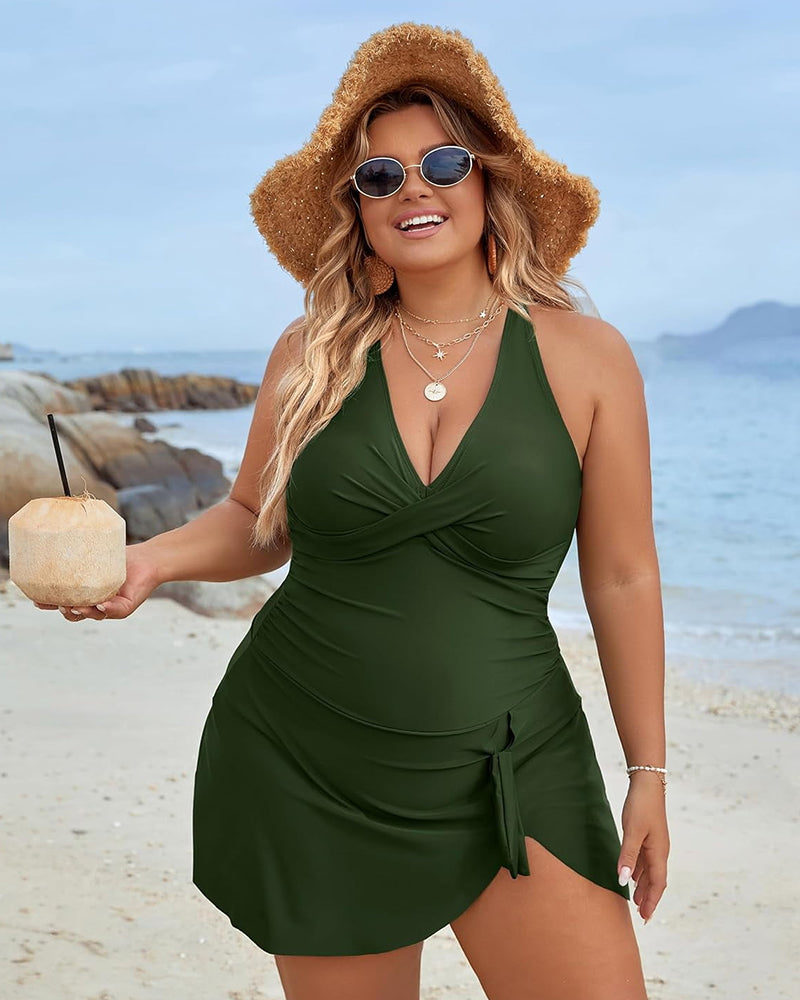 Plus Size Tummy Control Knot Detailed Swimdress