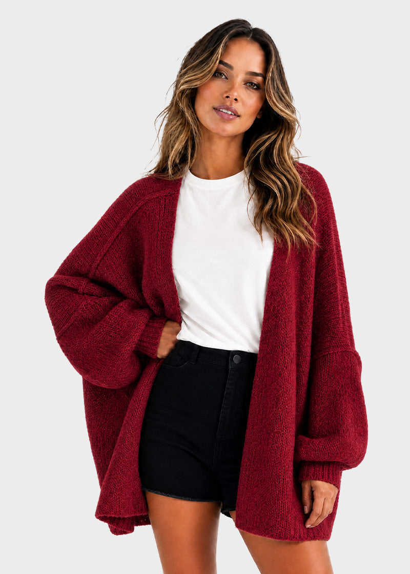 Oversized Open-Front Lantern Sleeve Knit Cardigan