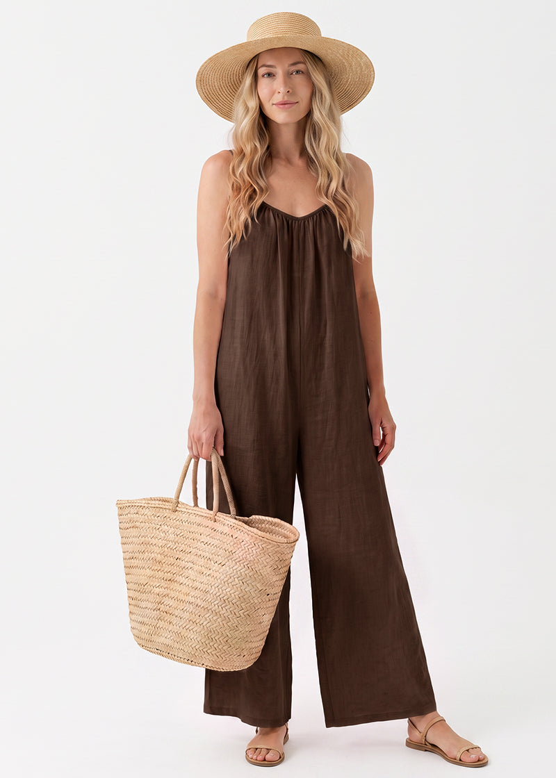 Women's Backless Spaghetti Strap Wide Leg Jumpsuit with Tie Back & Pockets