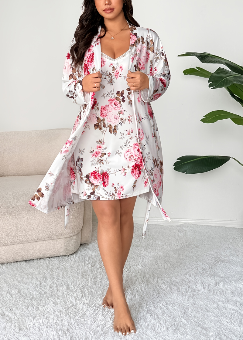 Comfy Floral Print 2-Piece Pajama Set – Robe & Dress