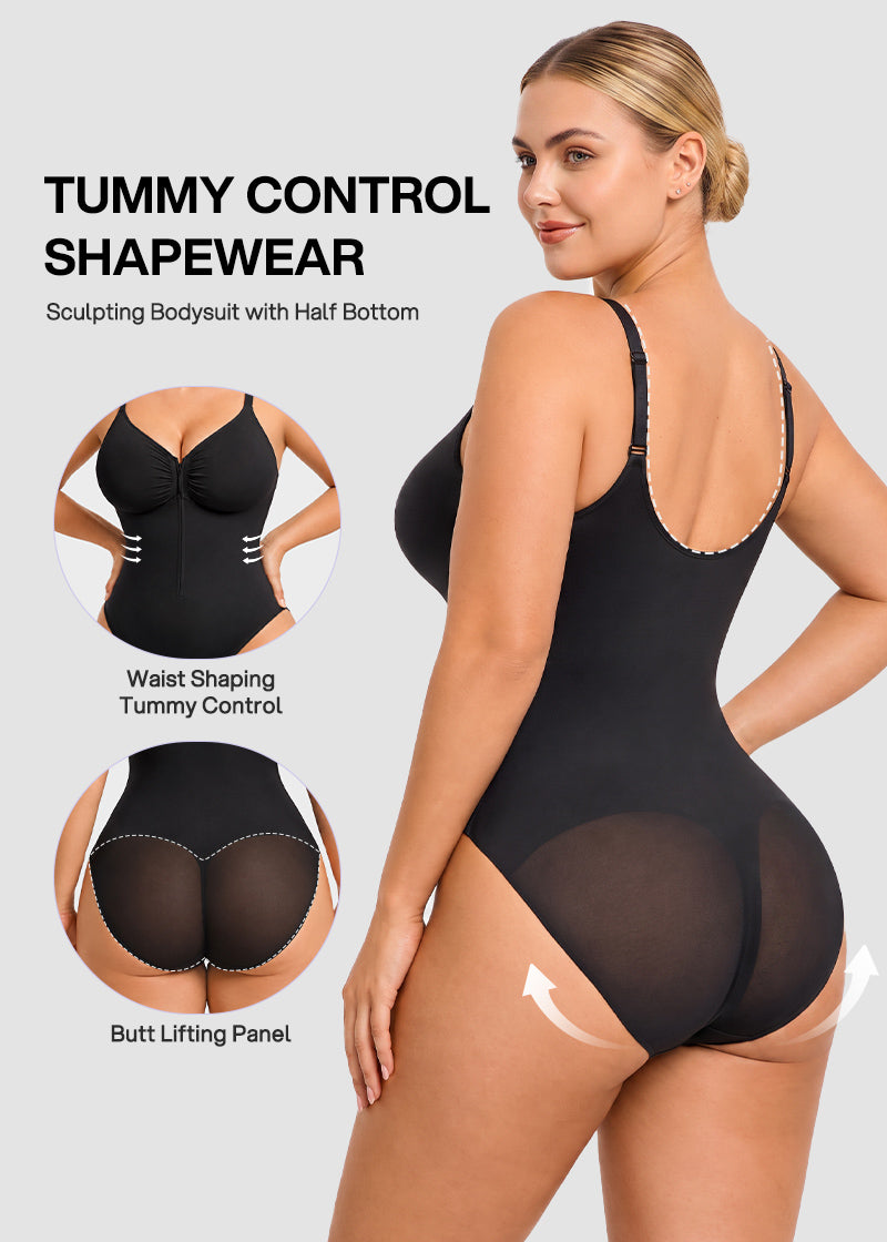 Zip-Front Tummy Control Shapewear Bodysuit