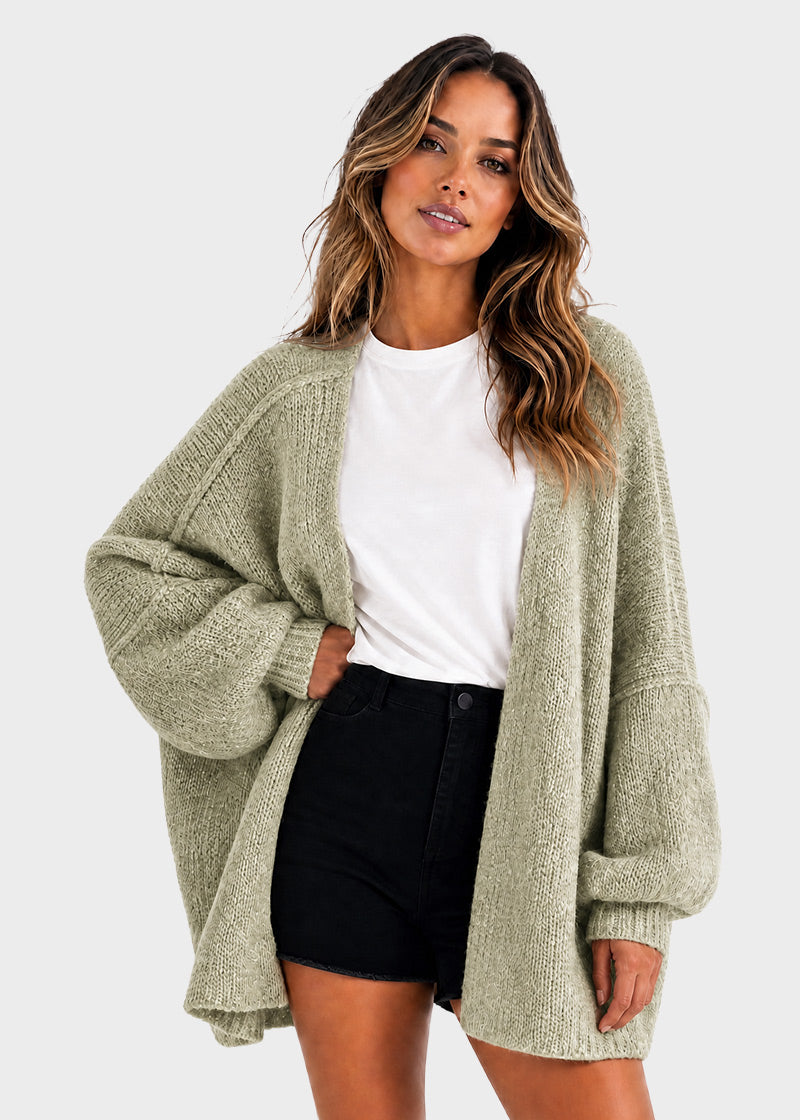 Oversized Open-Front Lantern Sleeve Knit Cardigan