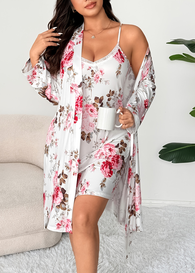 Comfy Floral Print 2-Piece Pajama Set – Robe & Dress