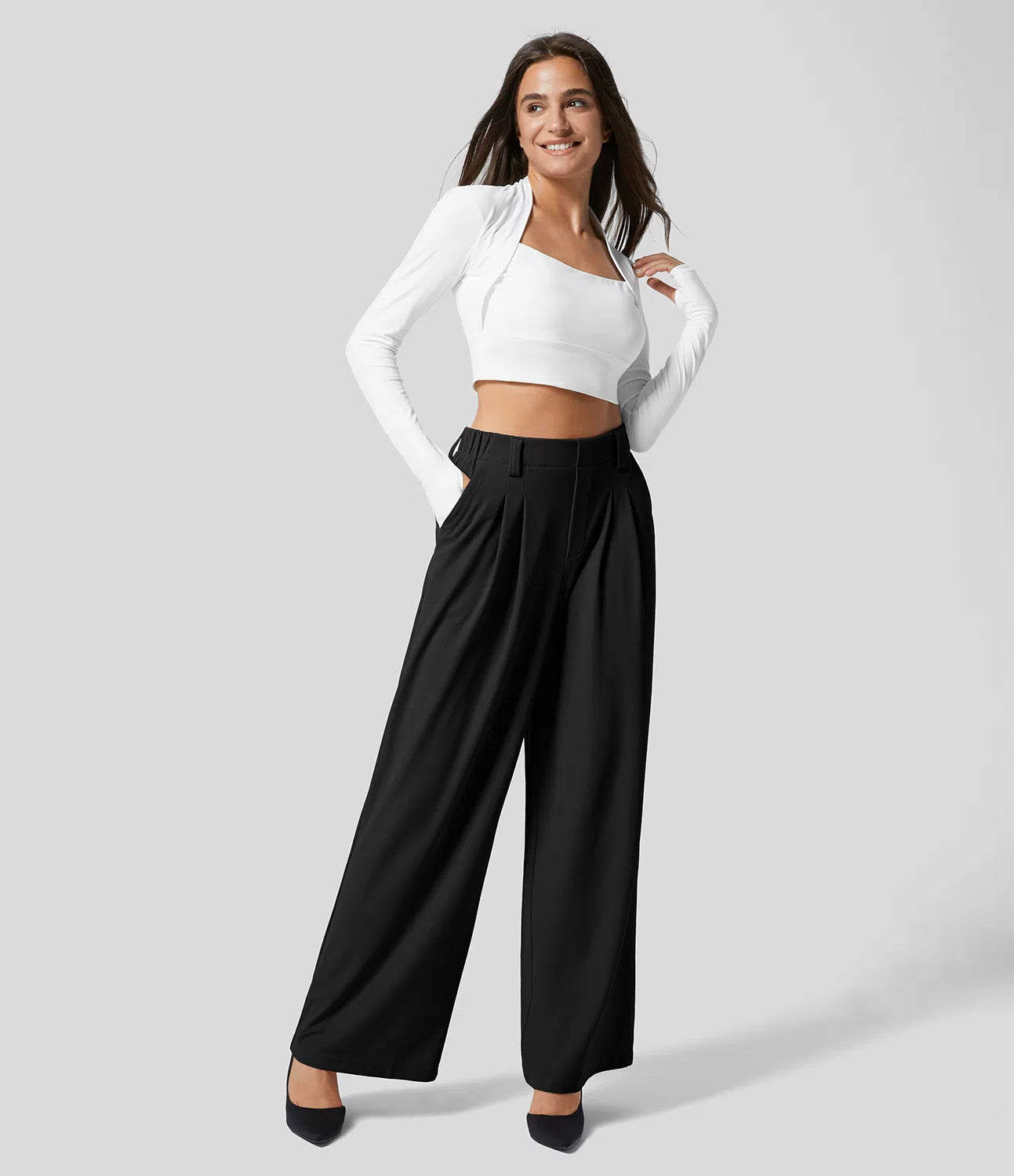 LilyLove® High Waisted Plicated Wide Leg Waffle Work Pants