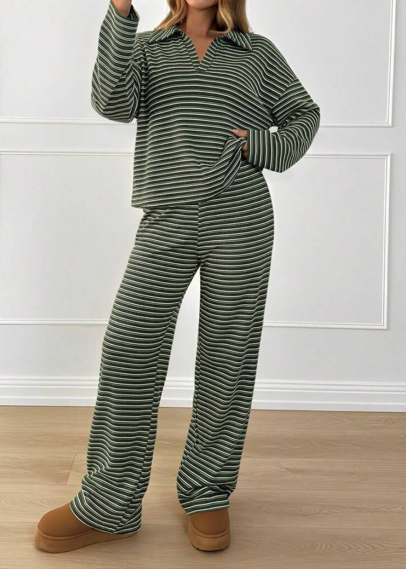 Women’s Striped V-Neck Top & Pants 2-Piece Set