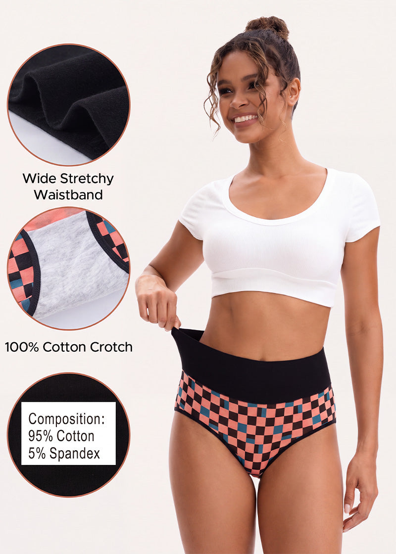 High-Waisted Checkerboard Cotton Briefs (5-Pack)
