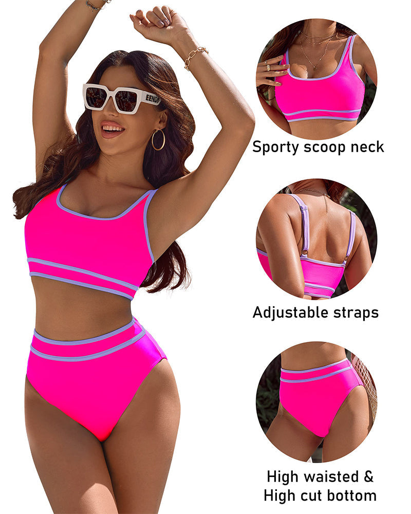 LilyLove® High Waisted Color Block Cheeky High Cut Bathing Bikini Sporty Two Piece Swimsuits