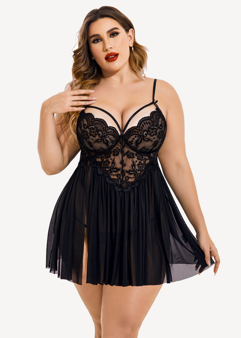 Plus Size Sexy Mesh Babydoll with Side Slit