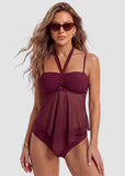 Tankini Swimsuits-Tummy Control Flowy Mesh Tops High Waisted Bottoms