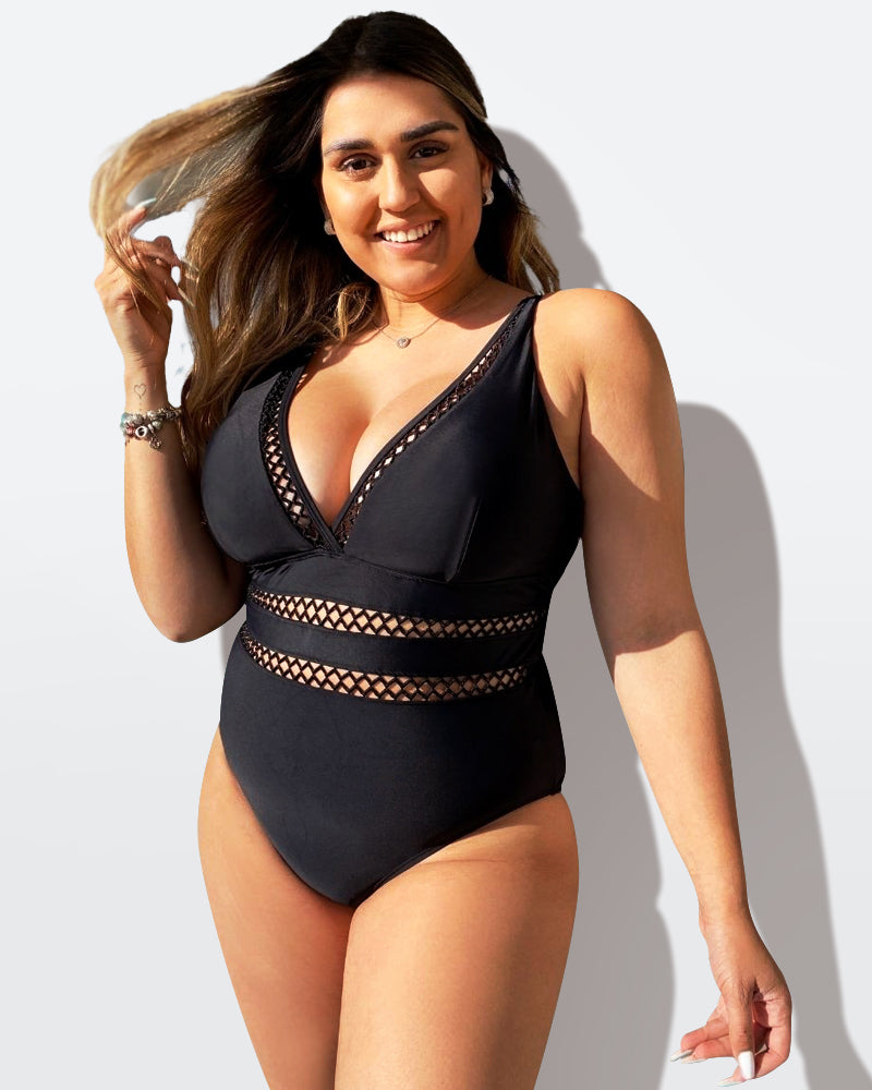 LilyLove®Black Lattice Plunge V-neck One Piece Swimsuit