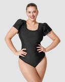 LilyLove® Black Square Neck Double Ruffle Sleeve One Piece Swimsuit