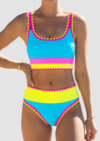 Color Contrast Patchwork Nylon Sporty 3 Piece Bikini Sets