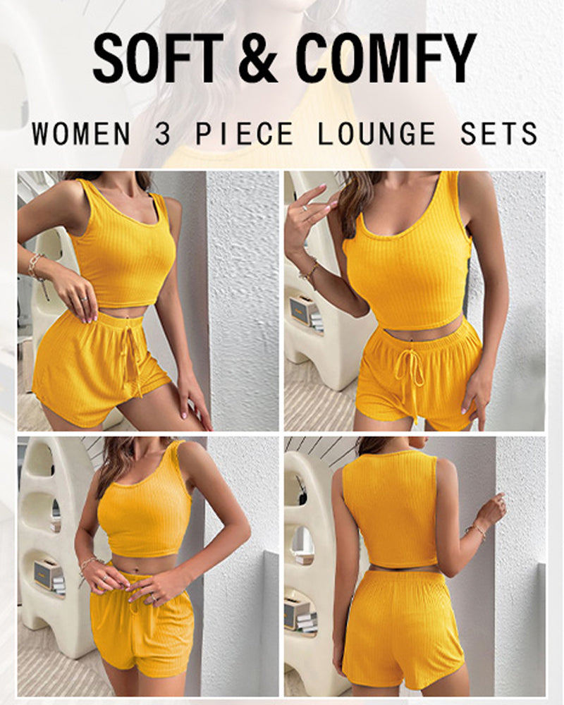 LilyLove® 3 Piece Ribbed Knit Lounge Set Vest Shorts Cardigan