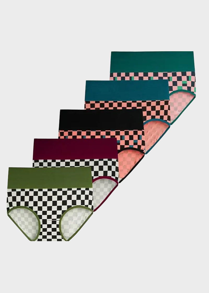 High-Waisted Checkerboard Cotton Briefs (5-Pack)