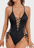 Deep Plunge V Neck High Cut Lace Up Swimsuit